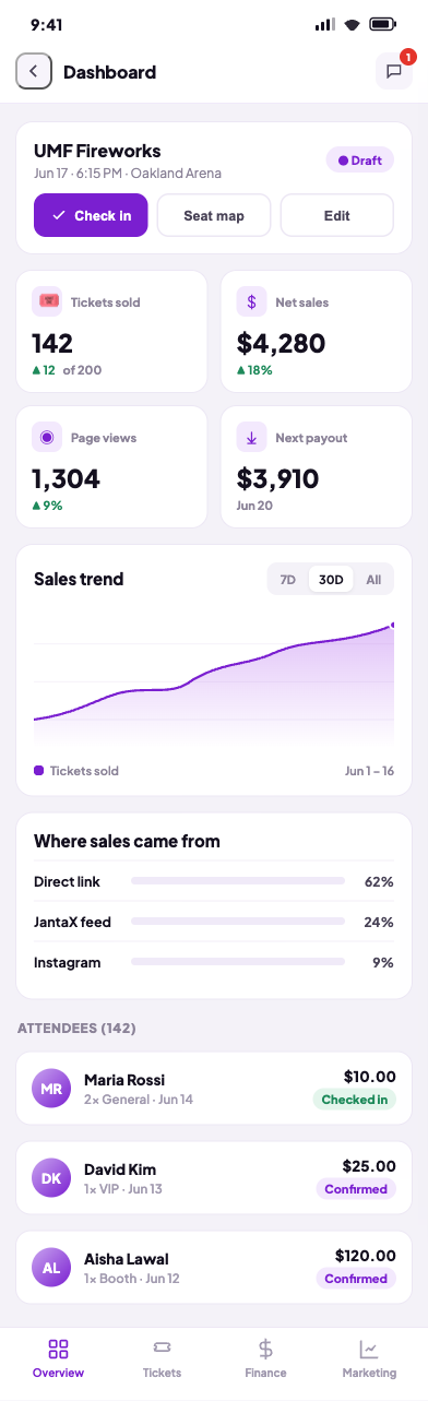 JantaX iOS app — organizer dashboard with sales, check-ins and payouts