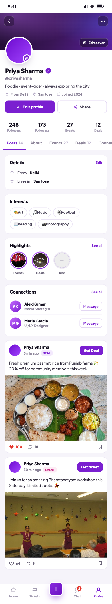 JantaX iOS app — a member profile with events, deals and posts